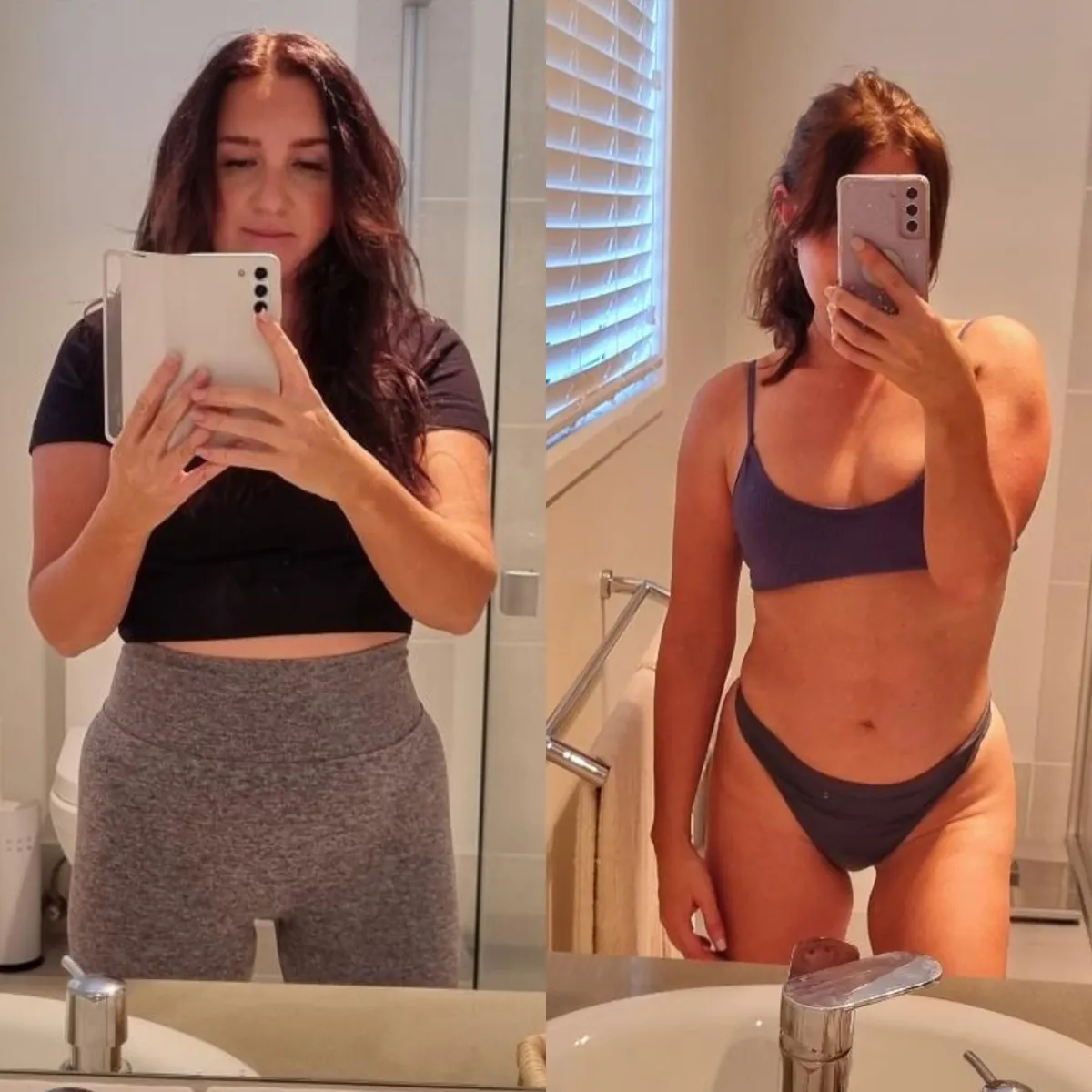 Annette before and after, mirror photos. The after photo shows a leaner, more toned build.
