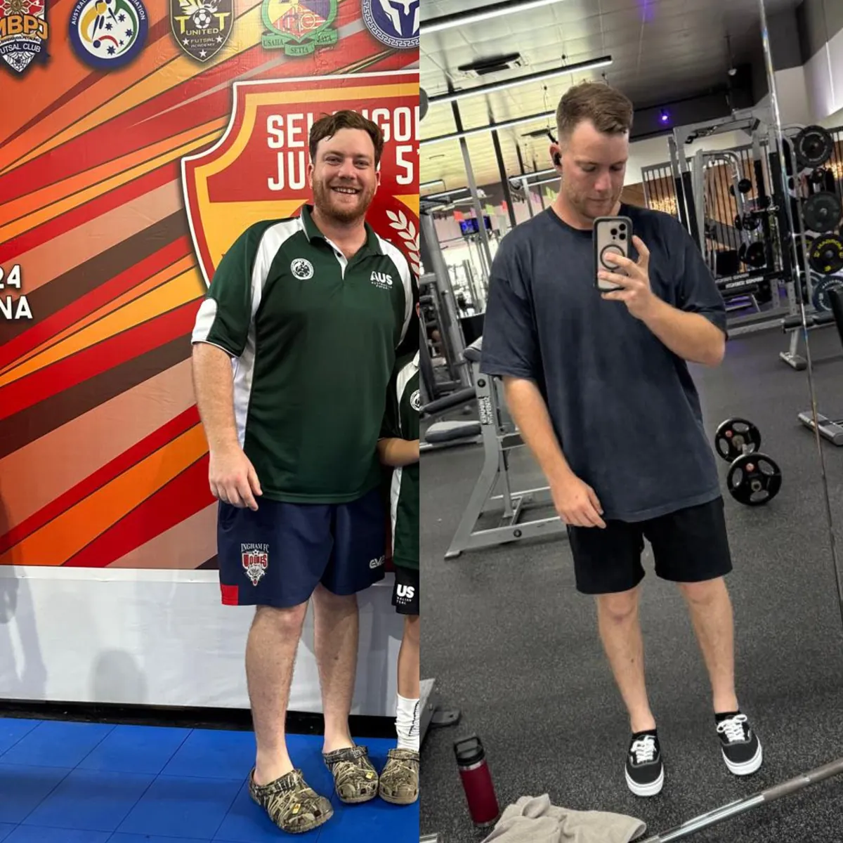 Lachlan before and after. The after photo, taken in a gym, shows a leaner face and build.
