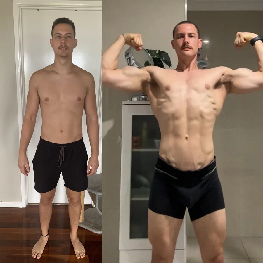 Brendon's own before and after photos, front on. The after photo shows a noticeably more muscular build.