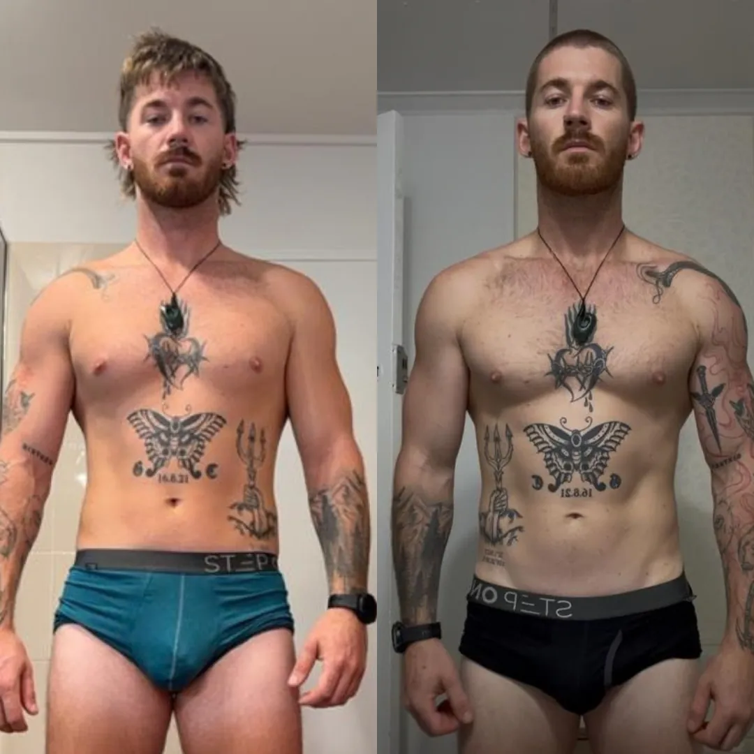 Mitchell before and after, front on. The after photo shows a leaner waist and more defined chest, shoulders and arms.