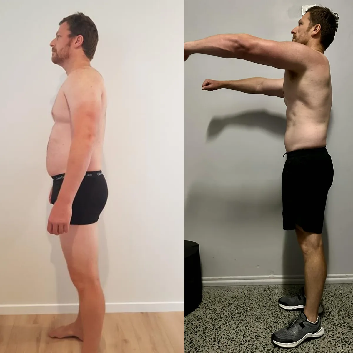 Scott before and after, side on. The after photo shows noticeably less fat around the stomach.