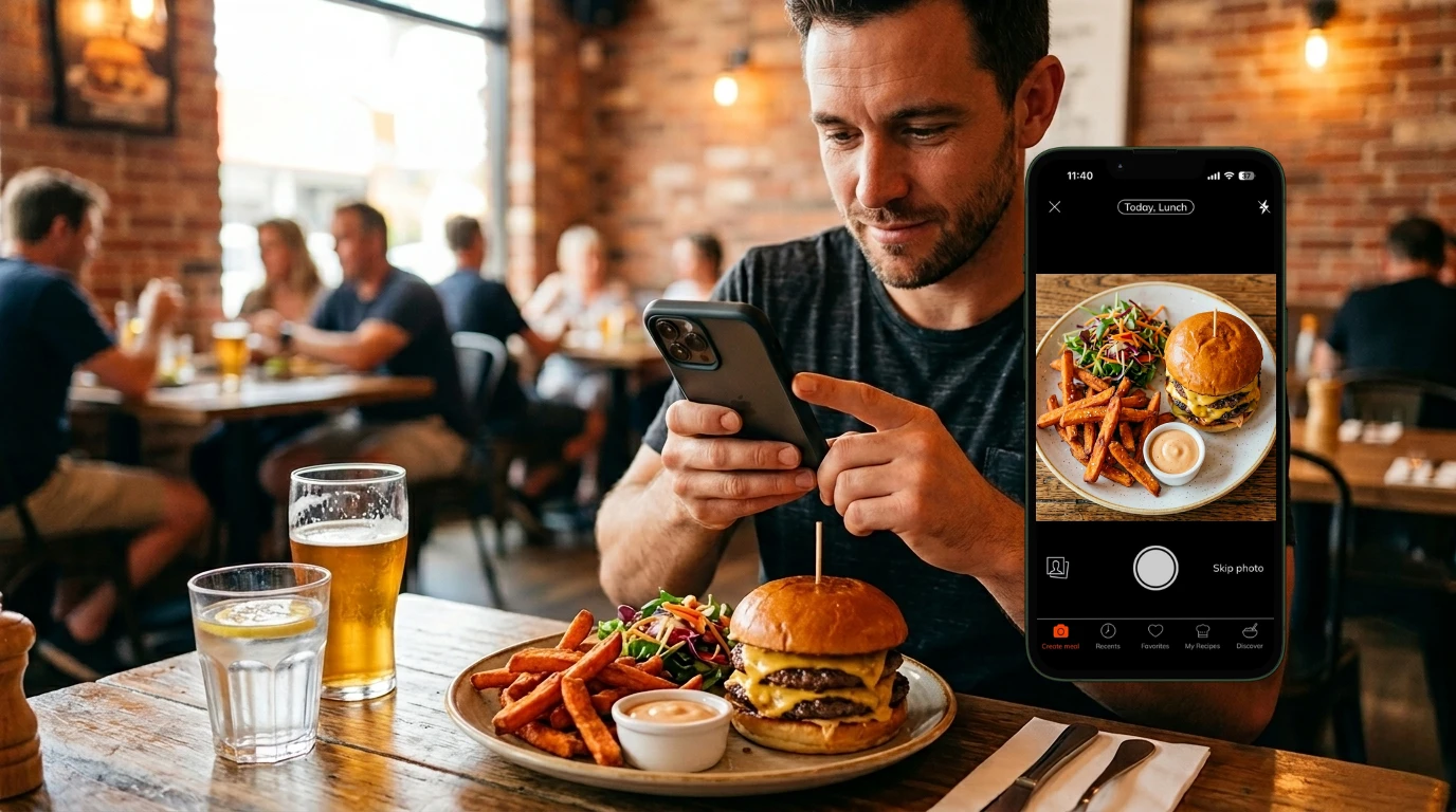 A man at a pub photographing his burger and fries, with the BC Coaching app open to log the meal.