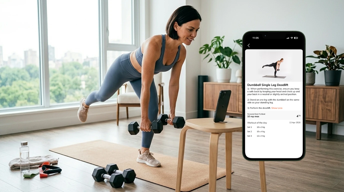 A woman doing a dumbbell single leg deadlift at home, with the exercise instructions and her target weights open in the BC Coaching app.