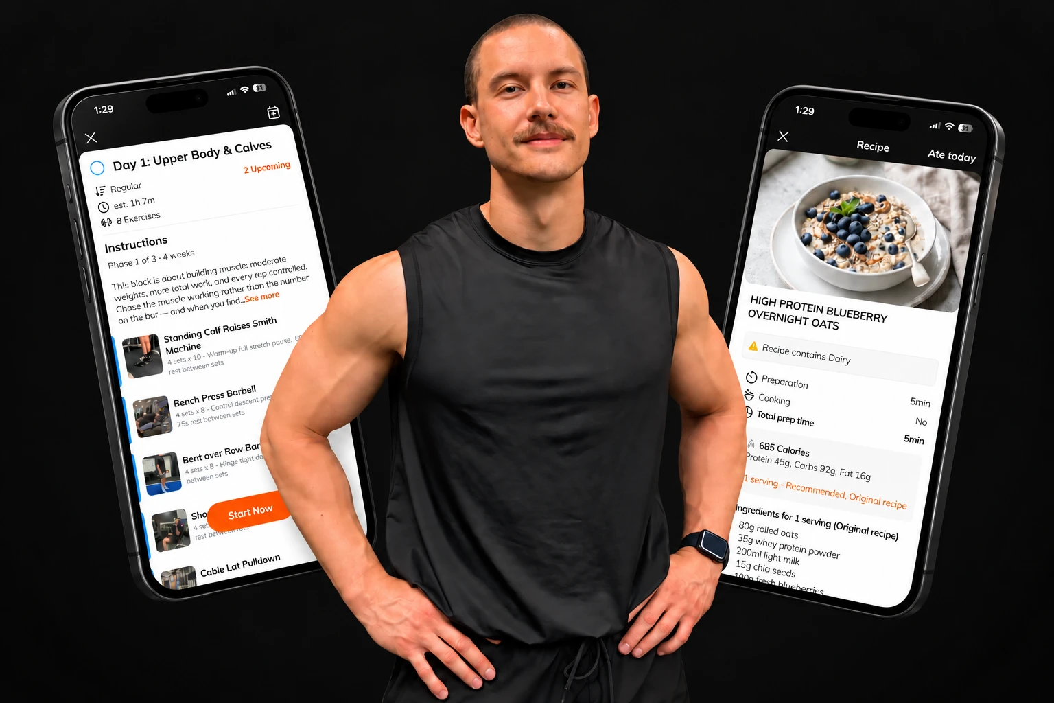 Brendon between two phones showing the BC Coaching app: an upper body workout on the left and a high protein blueberry overnight oats recipe on the right.