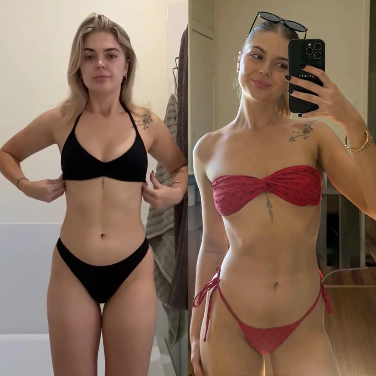 Grace before and after, front on. The after photo shows a leaner, more defined midsection.